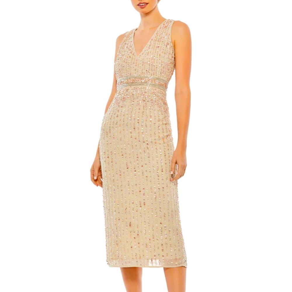 Mac Duggal Sequined V neck Nude Sheath Dress